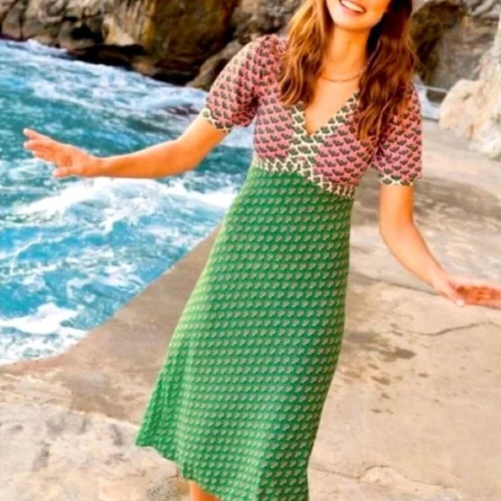 Boden Eva Dress | Pink Green Jersey Midi Dress | Sz  US 6R